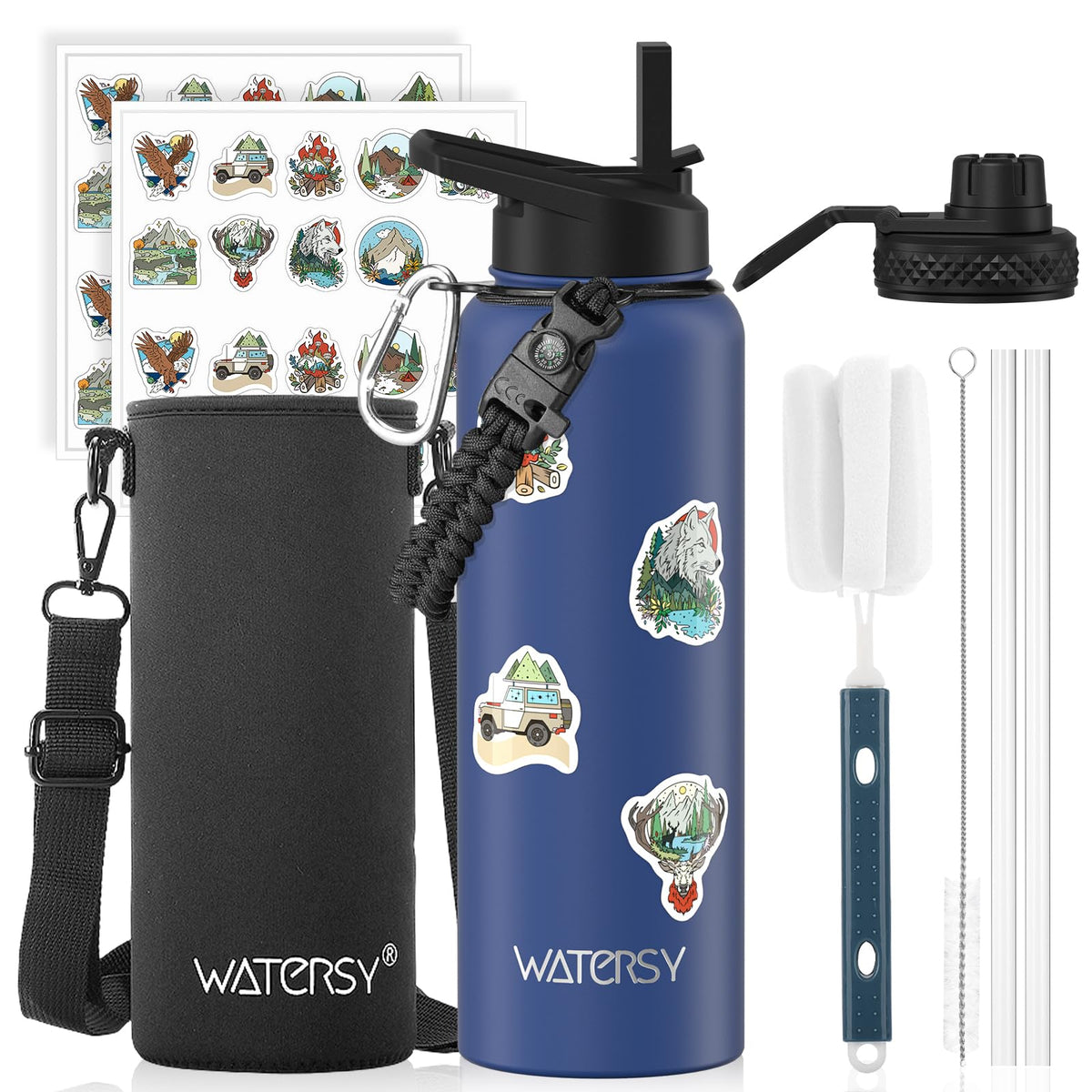 64oz Insulated Water Bottle (Cold for 48 Hrs),BPA Free&Leak Proof,Half Gallon Stainless Steel Water Flask,Water Jug with Straw Spout Lids for Gym,Hiking,Camping,Black Blue