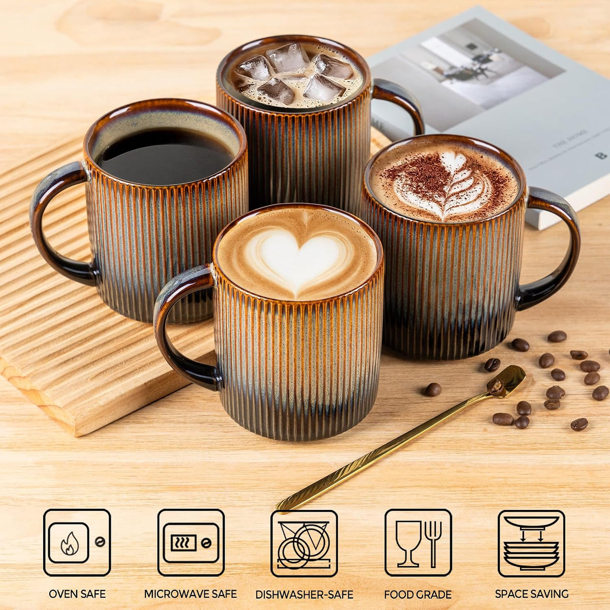 theterra Ceramic Coffee Mugs Set of 6, 14.2 oz Coffee Cups with Handle | Handmade, Suitable for Latte, Tea, Milk, Beer & Hot Cocoa, Cocoa Mocha