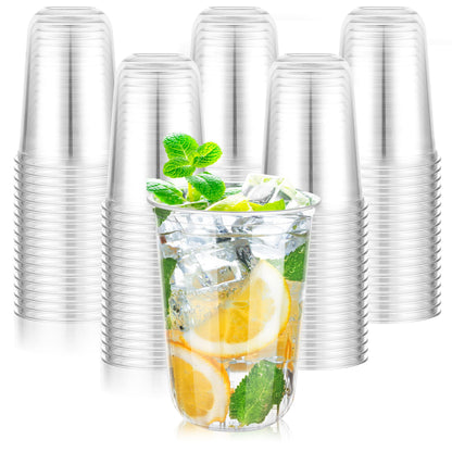 KesaPlan 100 Pcs 12oz Plastic Clear Cups, Disposable Wine Cocktail Glasses | Round Bottom, Crystal Stemless Party Bar Drink PET Cups for Meeting Weddings Birthday Christmas Valentine Party Supplies