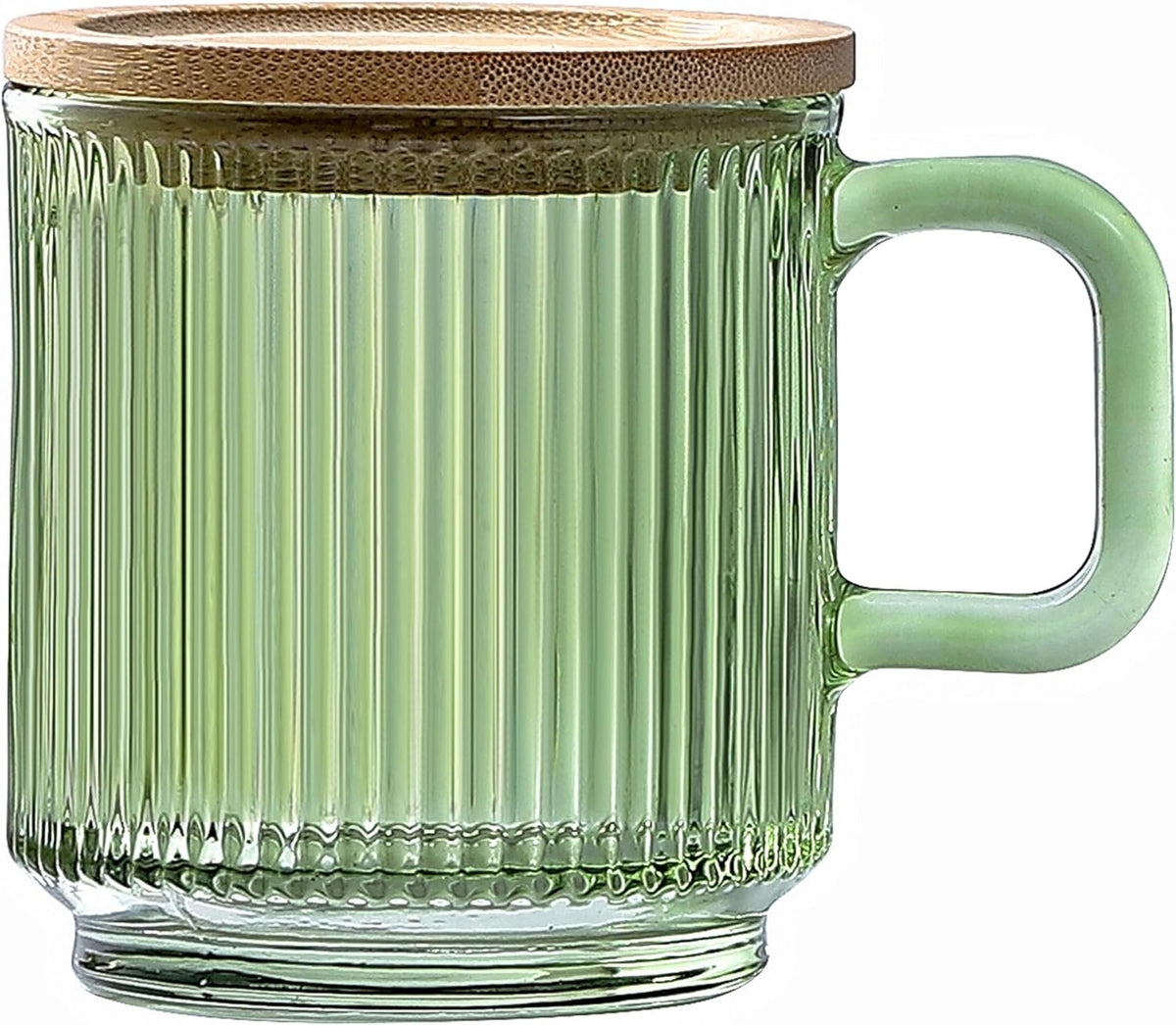 Lysenn Glass Coffee Mug with Lid - Premium Classical Vertical Stripes Glass Tea Cup - for Latte, Tea, Chocolate, Juice, Water - Lead-Free - Bamboo Lid - Lime Green | Classic Ribbed Design, Shining Glass for Coffee and Tea Lovers, Espresso, Lattes, Breakfa