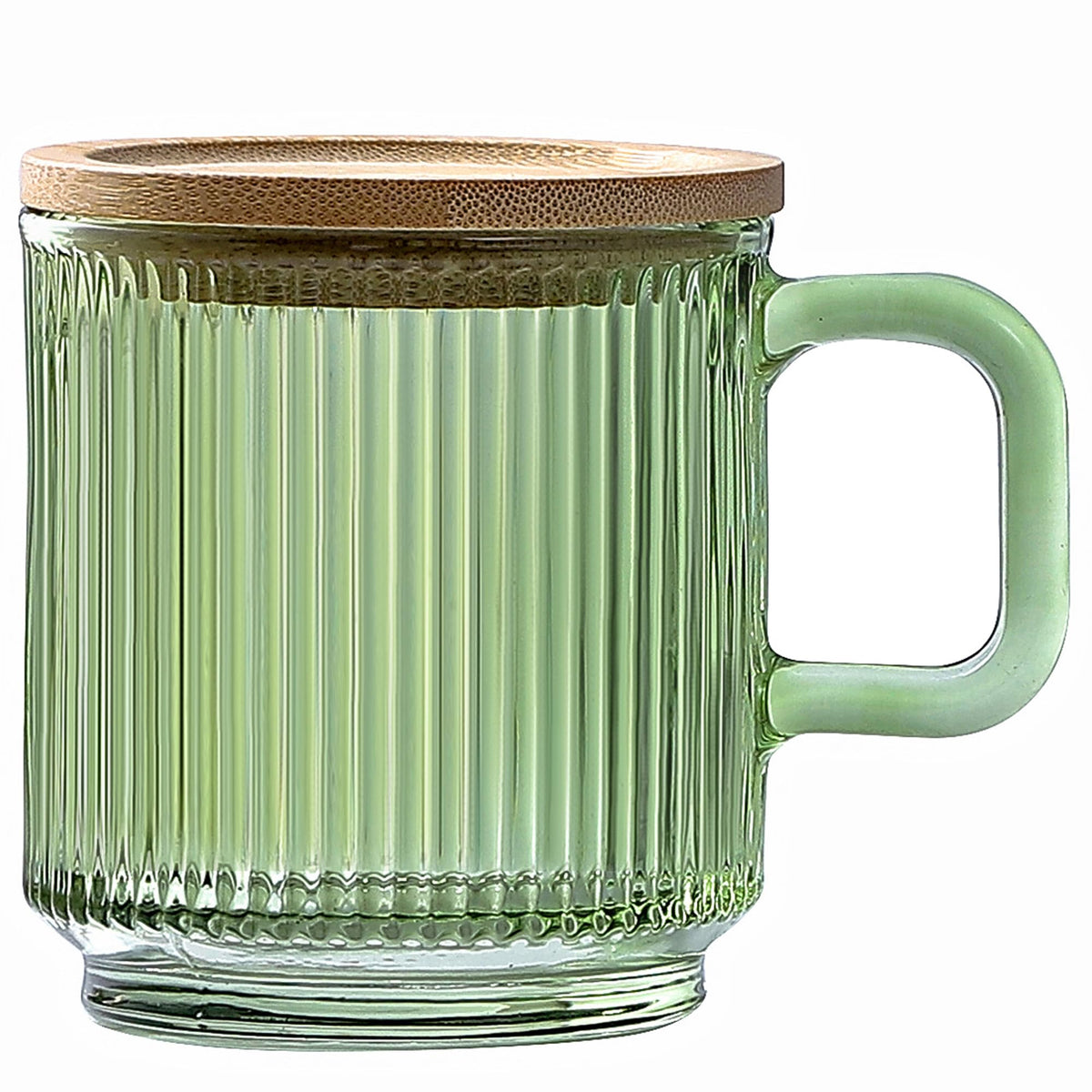 Lysenn Glass Coffee Mug with Lid - Premium Classical Vertical Stripes Glass Tea Cup - for Latte, Tea, Chocolate, Juice, Water - Lead-Free - Bamboo Lid - Lime Green | Classic Ribbed Design, Shining Glass for Coffee and Tea Lovers, Espresso, Lattes, Breakfa