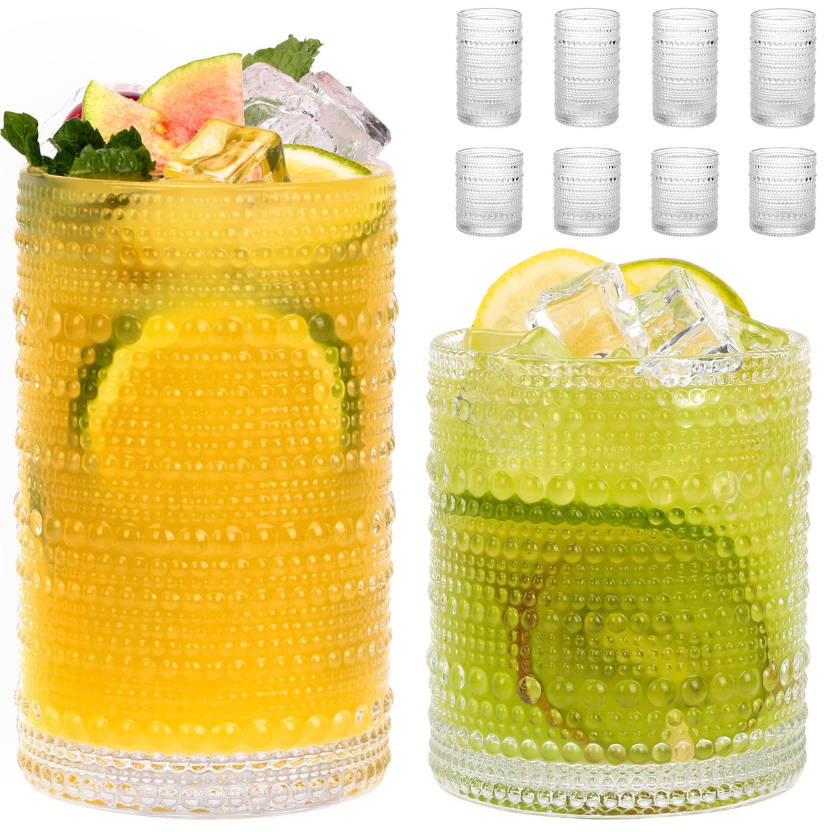 Moretoes Hobnail Drinking Glasses Set of 12, Vintage Water Glass Cups | 12 Oz Highball Glasses & 10 Oz Cocktail Glasses, Clear Embossed Boho Kitchen Bar Tumbler for Whiskey, Beer, Juice, Milk