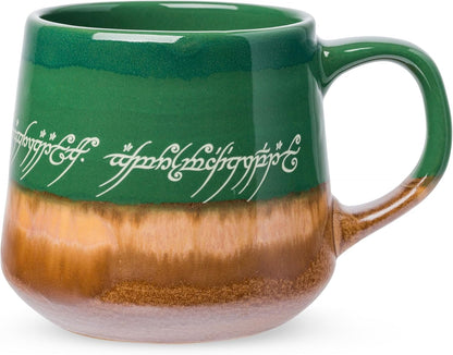 Silver Buffalo Lord of the Rings Elven, Reactive Glaze Pottery Mug, 14oz | High Gloss Finish, Tapered Shape, Elvish, Coffee Cup, Green, 0.4 Liters