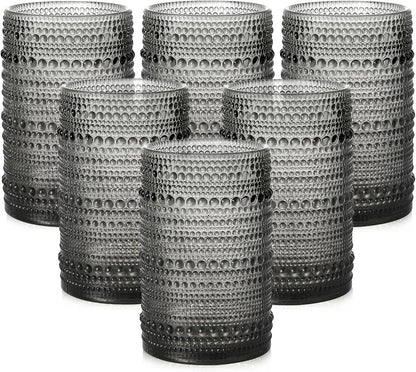 ZMOWIPDL Drinking Glasses Set of 6,15 oz Grey Hobnail Glass Cups | Vintage Glassware，Embossed Water Tumbler,for Beer,Cocktail,Whiskey,Juice and Various Mixed Drinks- 1 Cleaning Brush
