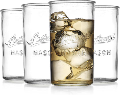 Glaver's Drinking Glasses – Set of 4 Authentic Mason Vintage Glassware – Clear Glass Tumblers for Cocktails, Water, Juice – Embossed Vintage Drinking Glasses