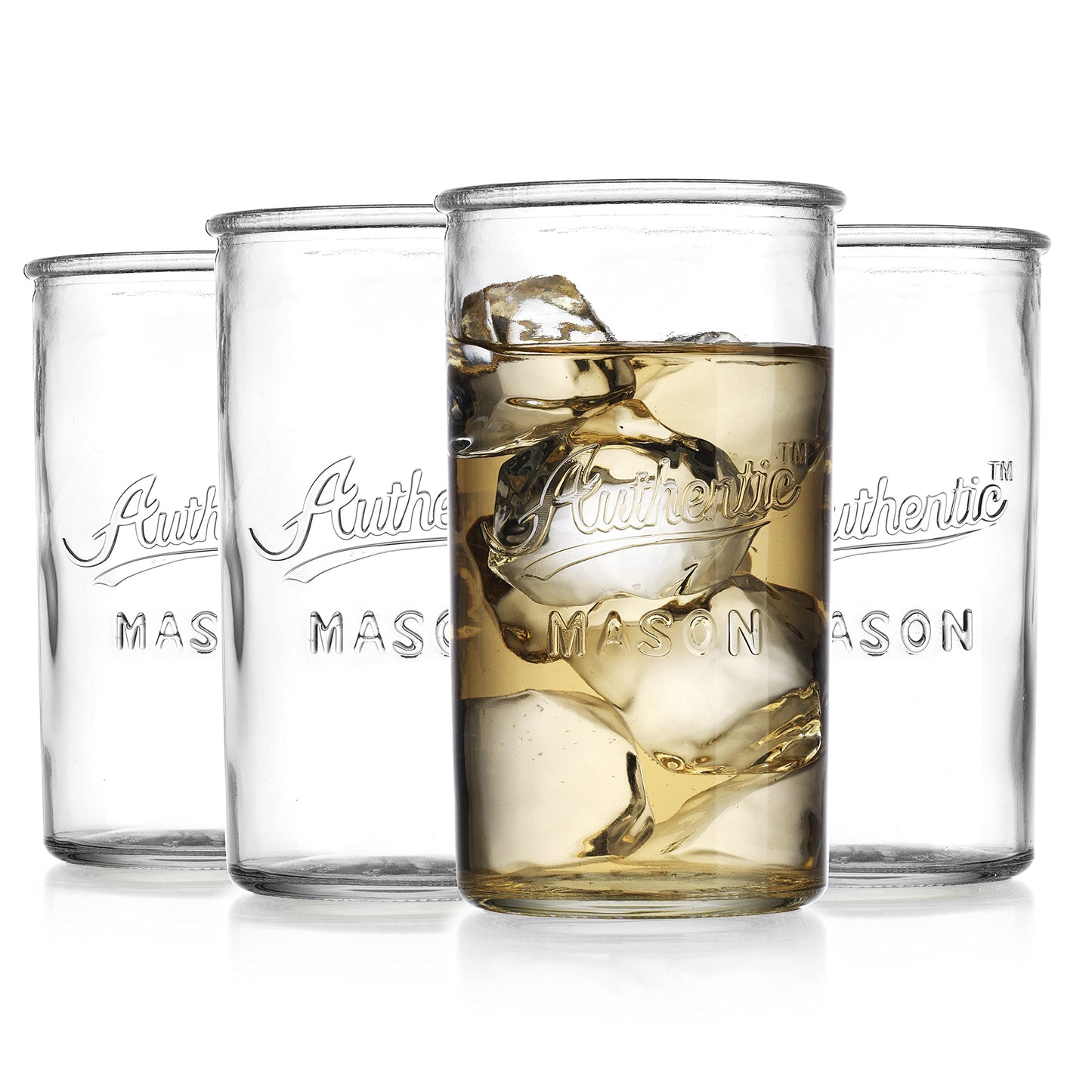 Glaver's Drinking Glasses – Set of 4 Authentic Mason Vintage Glassware – Clear Glass Tumblers for Cocktails, Water, Juice – Embossed Vintage Drinking Glasses