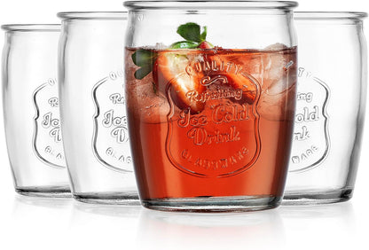 Glaver's Drinking Glasses – Set of 4 Authentic Mason Vintage Glassware – Clear Glass Tumblers for Cocktails, Water, Juice – Embossed Vintage Drinking Glasses