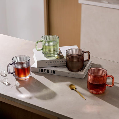 Lysenn Glass Coffee Mug with Lid - Premium Classical Vertical Stripes Glass Tea Cup - for Latte, Tea, Chocolate, Juice, Water - Lead-Free - Bamboo Lid - Lime Green | Classic Ribbed Design, Shining Glass for Coffee and Tea Lovers, Espresso, Lattes, Breakfa