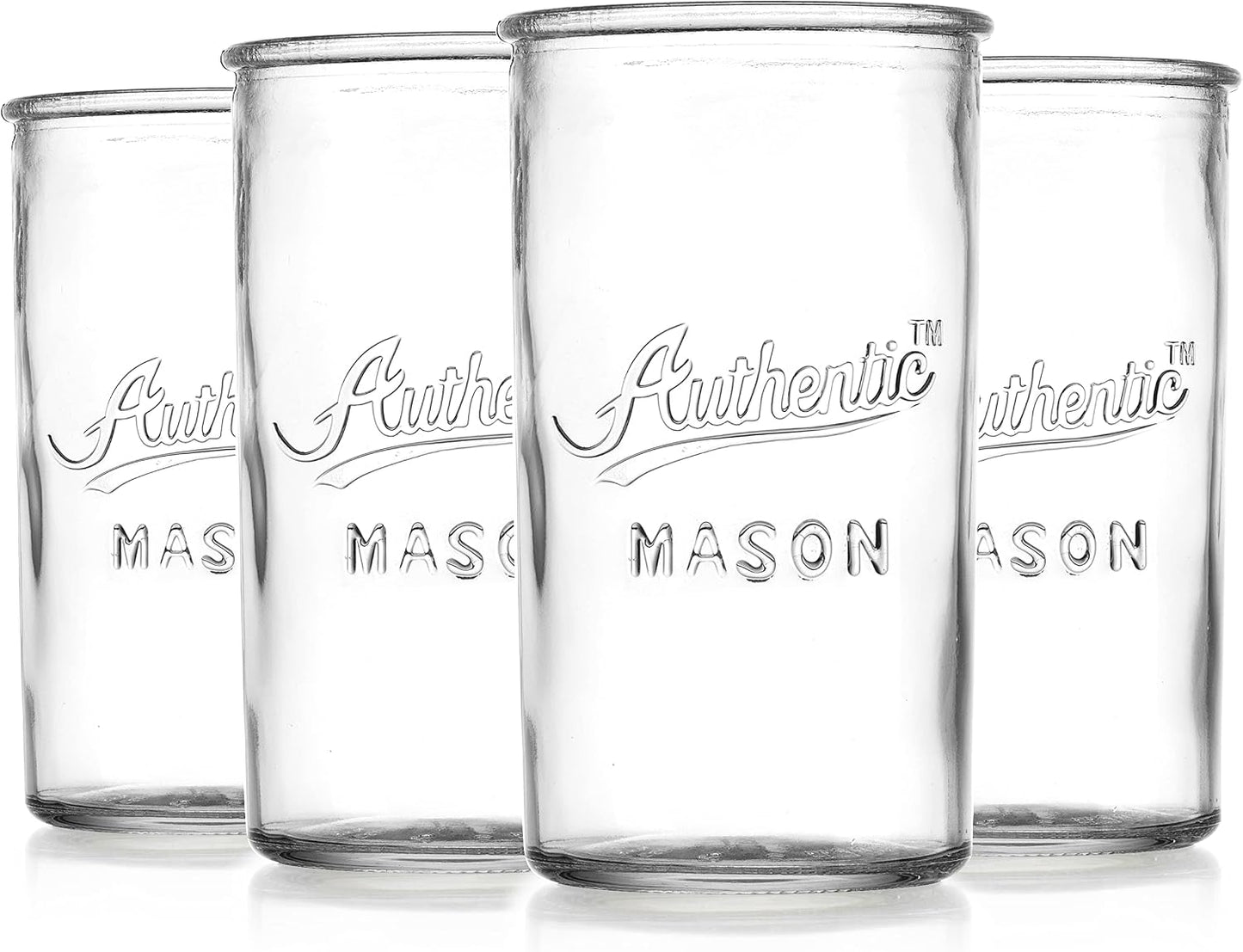 Glaver's Drinking Glasses – Set of 4 Authentic Mason Vintage Glassware – Clear Glass Tumblers for Cocktails, Water, Juice – Embossed Vintage Drinking Glasses