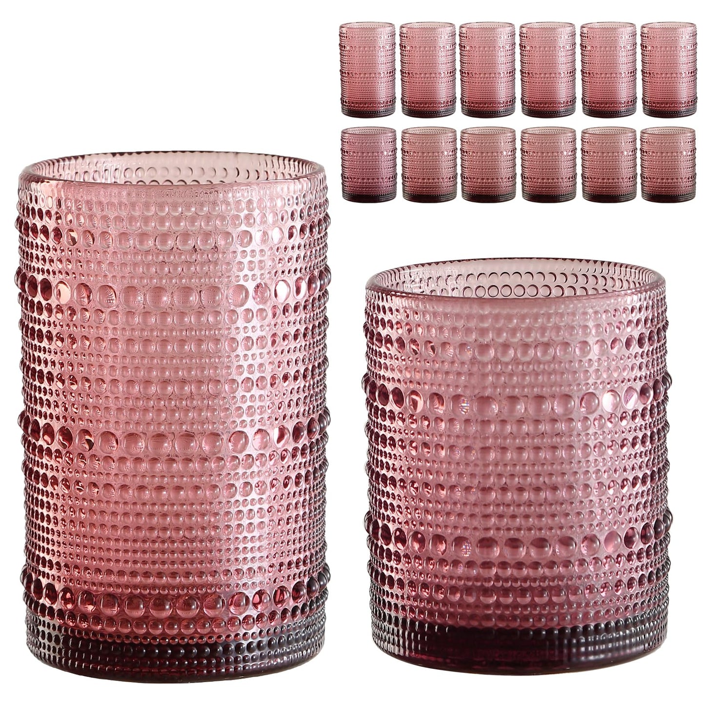 ZMOWIPDL Drinking Glasses Set of 6,15 oz Grey Hobnail Glass Cups | Vintage Glassware，Embossed Water Tumbler,for Beer,Cocktail,Whiskey,Juice and Various Mixed Drinks- 1 Cleaning Brush