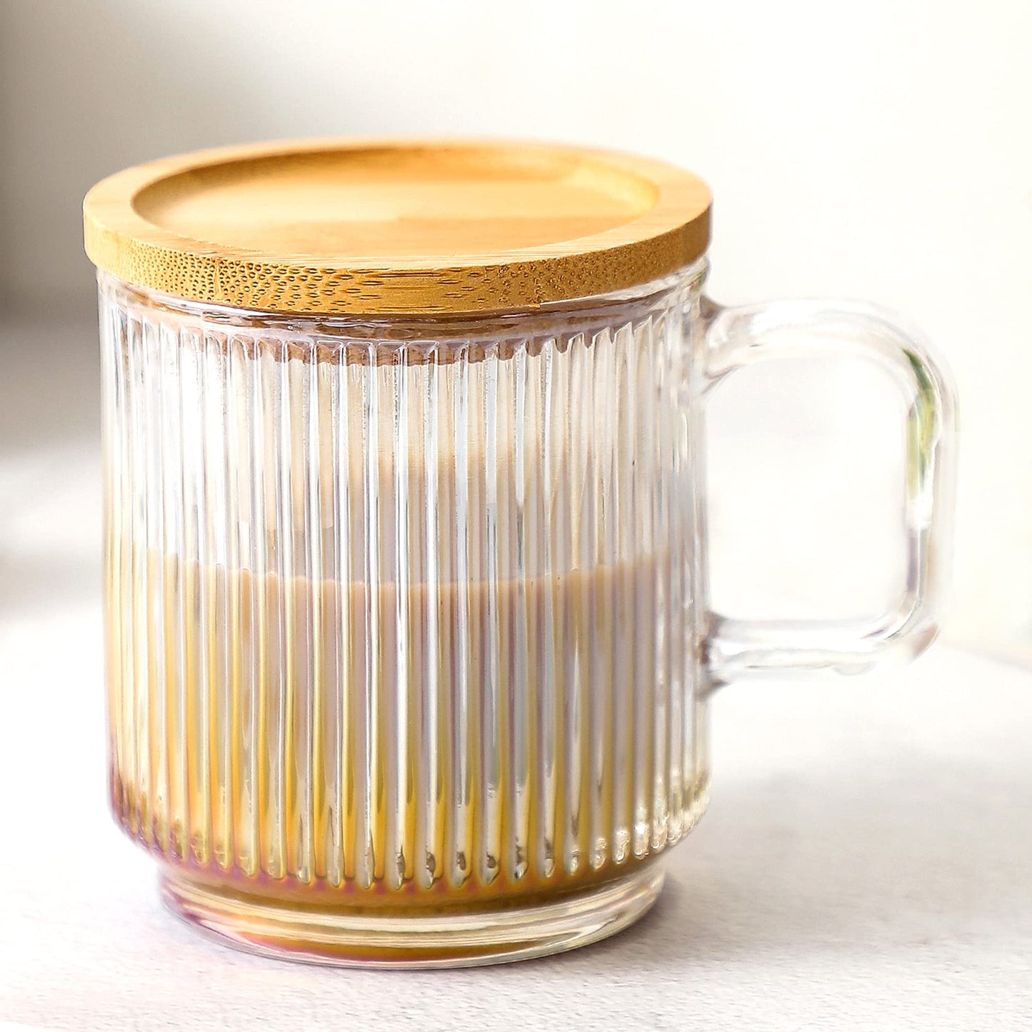 Lysenn Glass Coffee Mug with Lid - Premium Classical Vertical Stripes Glass Tea Cup - for Latte, Tea, Chocolate, Juice, Water - Lead-Free - Bamboo Lid - Lime Green | Classic Ribbed Design, Shining Glass for Coffee and Tea Lovers, Espresso, Lattes, Breakfa