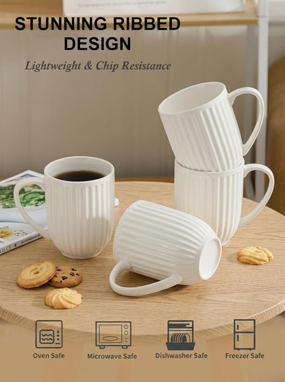 HASENSE Textured Large Coffee Mugs Set of 4, 16 Oz Ribbed Ceramic Cups with Large Handle for Latte Tea Cappuccino, Stackable Embossed Mug Set for Mom Dad, Microwave Dishwasher Safe, Creamy White