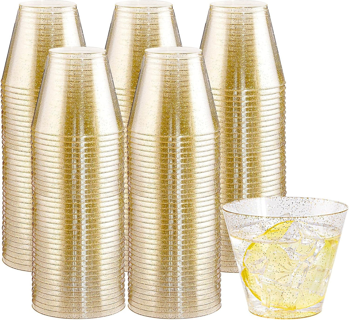 I00000 200 Pack Gold Plastic Cups, 9 Oz Elegant Clear Plastic Cups Gold Rimmed Disposable Wine Glasses Fancy Disposable Party Cup Wedding Cup Drinking Tumblers Cocktail Glasses Perfect for Party