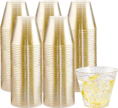 I00000 200 Pack Gold Plastic Cups, 9 Oz Elegant Clear Plastic Cups Gold Rimmed Disposable Wine Glasses Fancy Disposable Party Cup Wedding Cup Drinking Tumblers Cocktail Glasses Perfect for Party