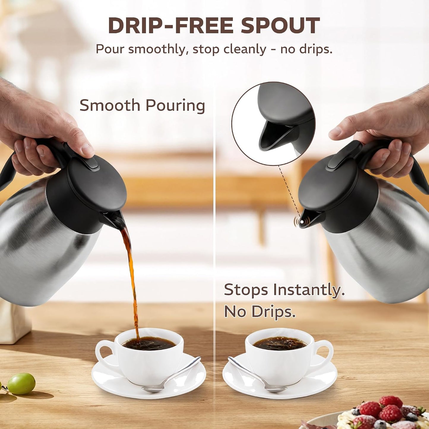 Thermal Coffee Carafe for Keeping Hot – 34OZ Insulated Small Coffee Pot | 304 Stainless Steel Coffee Flask, Tea Pitcher for Hot Drinks Liquid Water, Insulated Beverage Dispenser for Parties