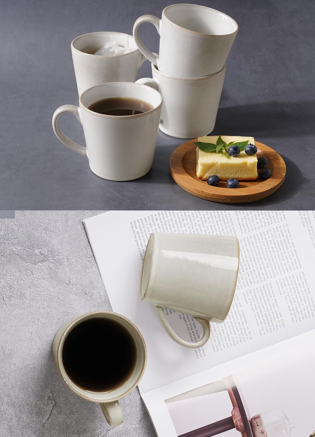 famiware Coffee Mug Set of 4, Annecy 14 oz Ceramic Cups Set with Handle | Stoneware Coffee Cup Set, Microwavable and Dishwasherable Stoneware, Drinkware Set for Tea, Latte, Cappuccino, Grey White