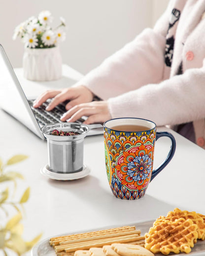 vancasso Ceramic Tea Mug with Infuser and Lid, 18 Ounce Bohemian Loose Leaf Cup, Microwave & Dishwasher Safe, Perfect for Tea, Coffee, Burnt-Cobalt Mandala