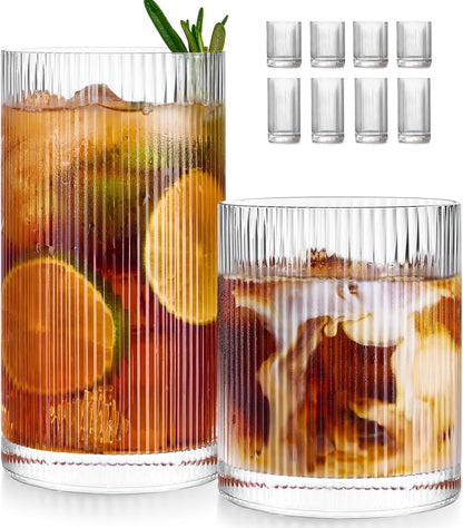 Ribbed Drinking Glasses Cups Set of 8 Large Capacity Highball 17oz&12oz | Rocks Cocktail Glasses Ideal for Beer, Juice, Water, Ice Coffee Cup, Whiskey, Mixed Drinkware