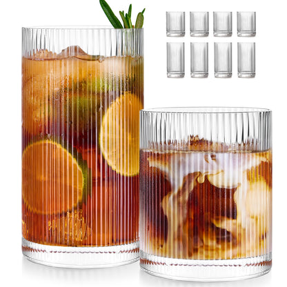 Ribbed Drinking Glasses Cups Set of 8 Large Capacity Highball 17oz&12oz | Rocks Cocktail Glasses Ideal for Beer, Juice, Water, Ice Coffee Cup, Whiskey, Mixed Drinkware