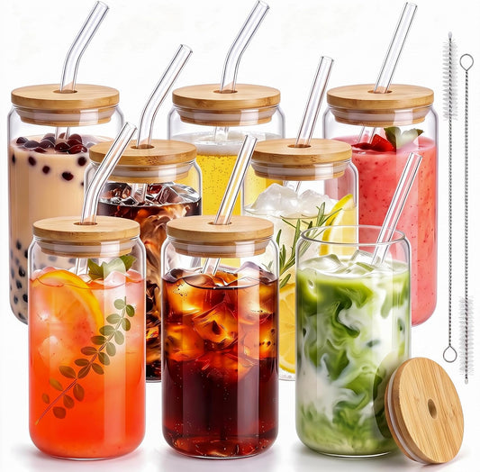 16 Oz Drinking Glasses - 8 Pcs Glass Cups with Bamboo Lids and Straws | Food-grade durable clear tumbler, Coffee bar accessories, Aesthetic gift, For beer, Iced tea, Include 2 cleaning brushes