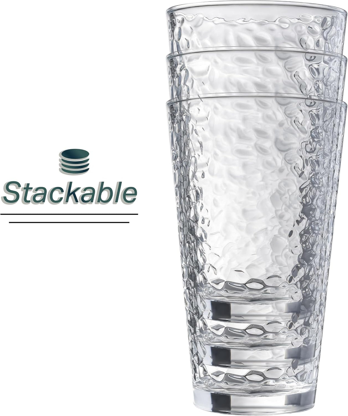 Le'raze Set of 10 Hammered Glass Cups, Clear Heavy Base Drinking Glasses | 16oz, Stackable, Durable, Dishwasher Safe, Freezer Safe, Non Slip, 100% Food Grade, BPA Free, Secure Packaging, Eco-Friendly