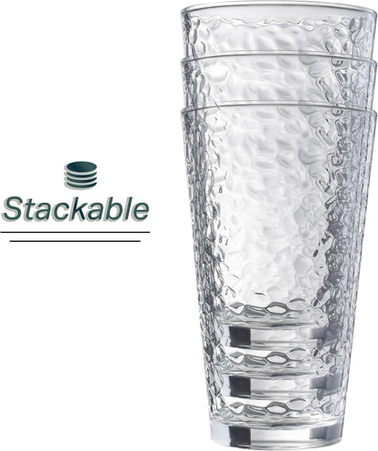 Le'raze Set of 10 Hammered Glass Cups, Clear Heavy Base Drinking Glasses | 16oz, Stackable, Durable, Dishwasher Safe, Freezer Safe, Non Slip, 100% Food Grade, BPA Free, Secure Packaging, Eco-Friendly
