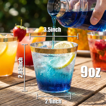 I00000 200 Pack Gold Plastic Cups, 9 Oz Elegant Clear Plastic Cups Gold Rimmed Disposable Wine Glasses Fancy Disposable Party Cup Wedding Cup Drinking Tumblers Cocktail Glasses Perfect for Party