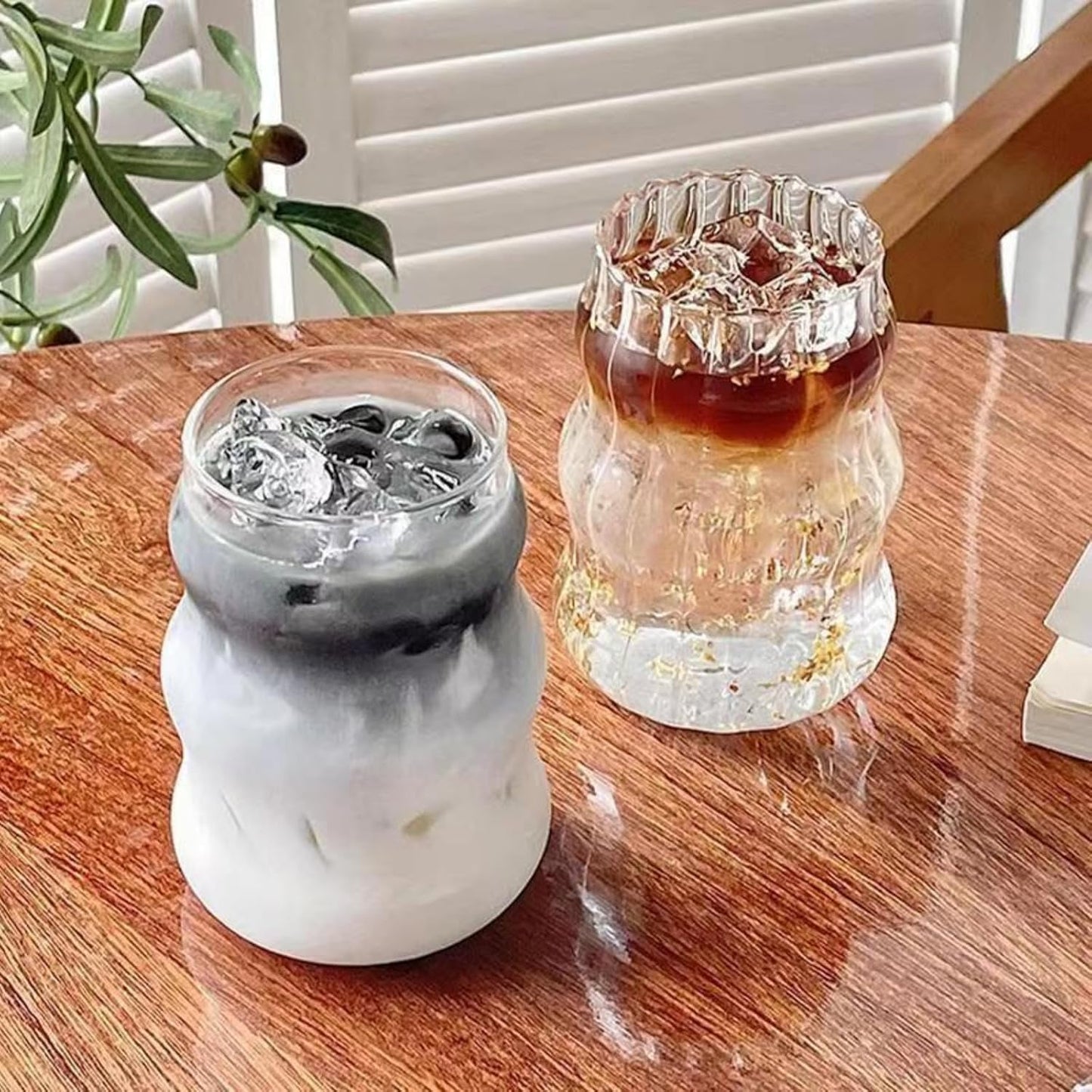 2 Pcs Ribbed Glass Cups, 18 Oz Vintage Drinking Glassware with Wave Design | Iced Coffee Cups Glass, Matcha Glass Bubble Cups for Iced Coffee, Juice, Beverage, Milk, Cocktails, Bubble Tea, and More