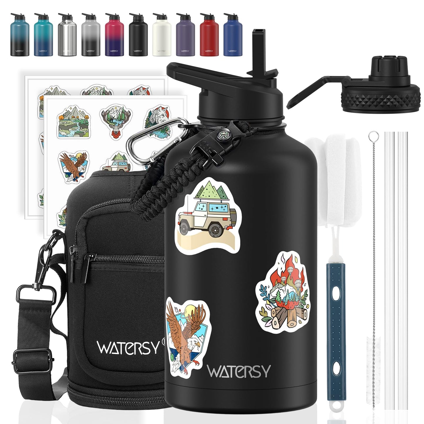 64oz Insulated Water Bottle (Cold for 48 Hrs),BPA Free&Leak Proof,Half Gallon Stainless Steel Water Flask,Water Jug with Straw Spout Lids for Gym,Hiking,Camping,Black Blue