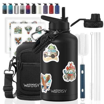 64oz Insulated Water Bottle (Cold for 48 Hrs),BPA Free&Leak Proof,Half Gallon Stainless Steel Water Flask,Water Jug with Straw Spout Lids for Gym,Hiking,Camping,Black Blue