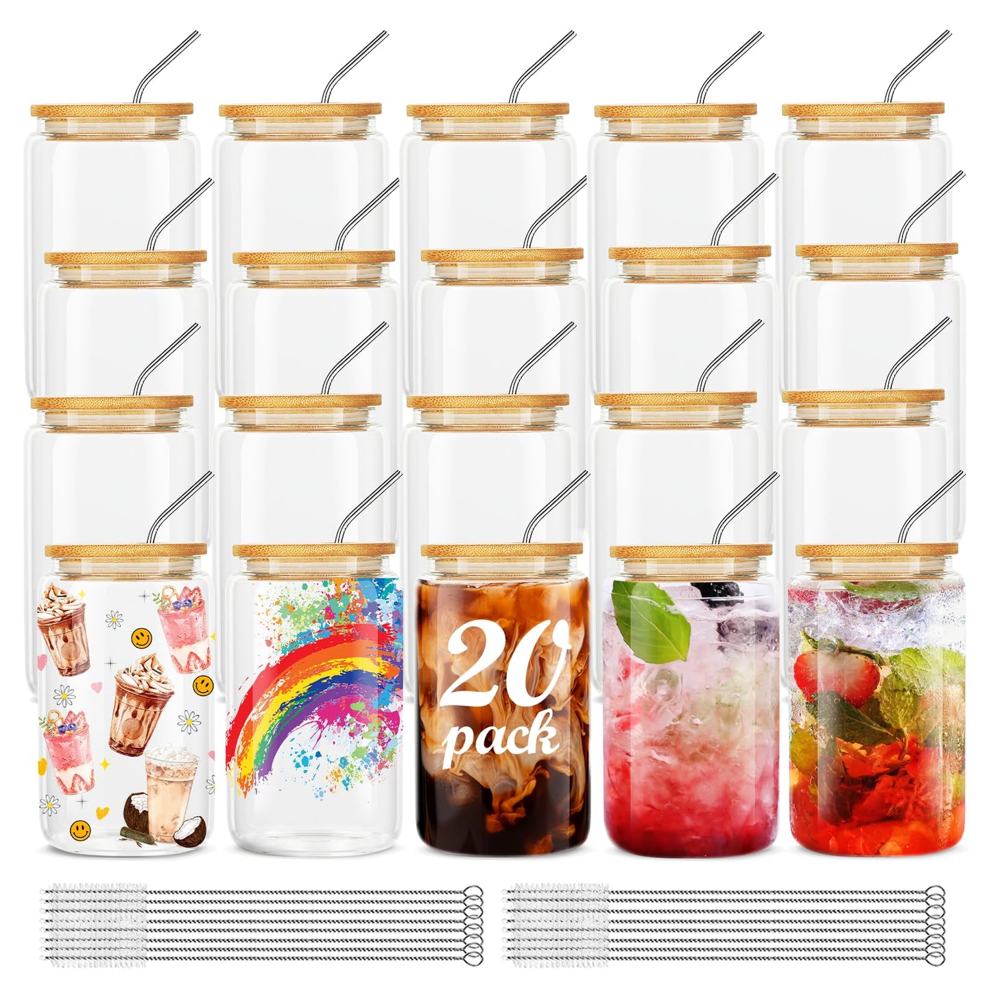 ASKIZ 16Pcs Glass Cups With Bamboo Lids and Straws,16Oz Ice Coffee Cup,Drinking Glasses Cups Set,Water Bottles Glasses for Juicing,Beer,Coffee,Soda,Tea-Glass Tumbler Reusable for Gifts