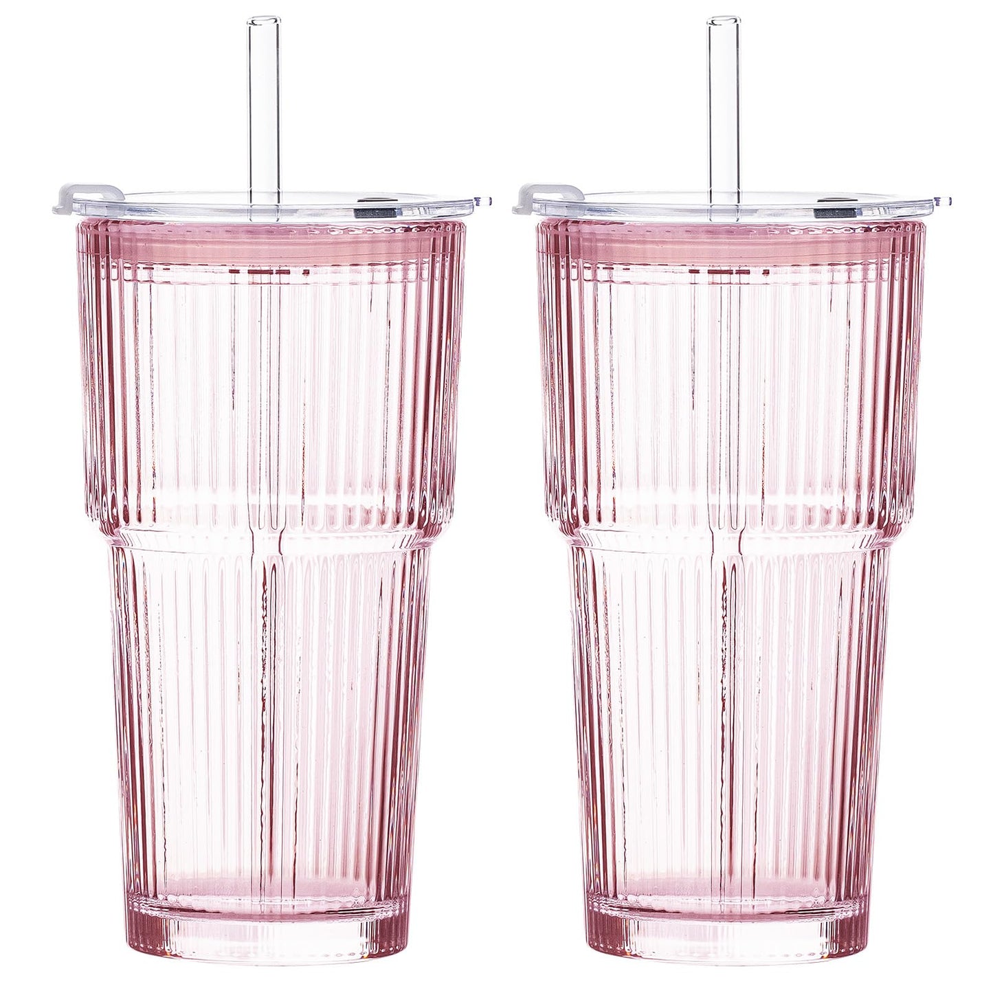 20oz Iced Coffee Cups with Lids, Ribbed Glass Cups with Lids and Straws | Thick Reusable Glass, Leak-Resistant Lids, Fits Most Car Cup Holders, For Iced Coffee, Tea, Smoothies and Cold Drinks