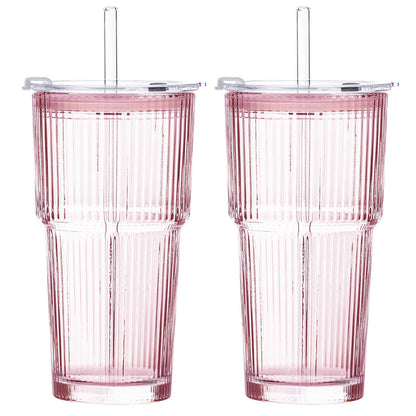 20oz Iced Coffee Cups with Lids, Ribbed Glass Cups with Lids and Straws | Thick Reusable Glass, Leak-Resistant Lids, Fits Most Car Cup Holders, For Iced Coffee, Tea, Smoothies and Cold Drinks