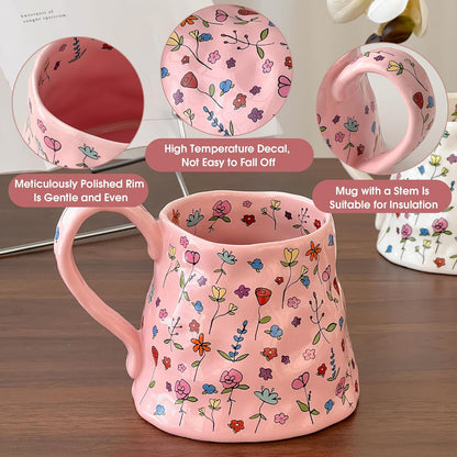 Large Ceramic Coffee Mug Cute Flower with Handmade Big Handle, 20oz Girly Pink Floral Tea Cup for Women Mothers Day, Novelty Irregular Oversized Christmas Mugs for Latte Tea Milk Cocoa
