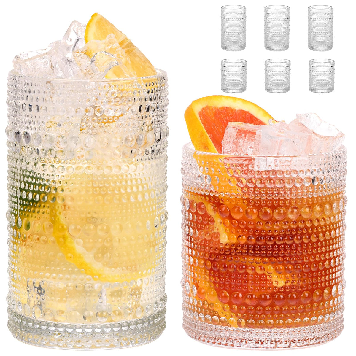 Moretoes Hobnail Drinking Glasses Set of 12, Vintage Water Glass Cups | 12 Oz Highball Glasses & 10 Oz Cocktail Glasses, Clear Embossed Boho Kitchen Bar Tumbler for Whiskey, Beer, Juice, Milk