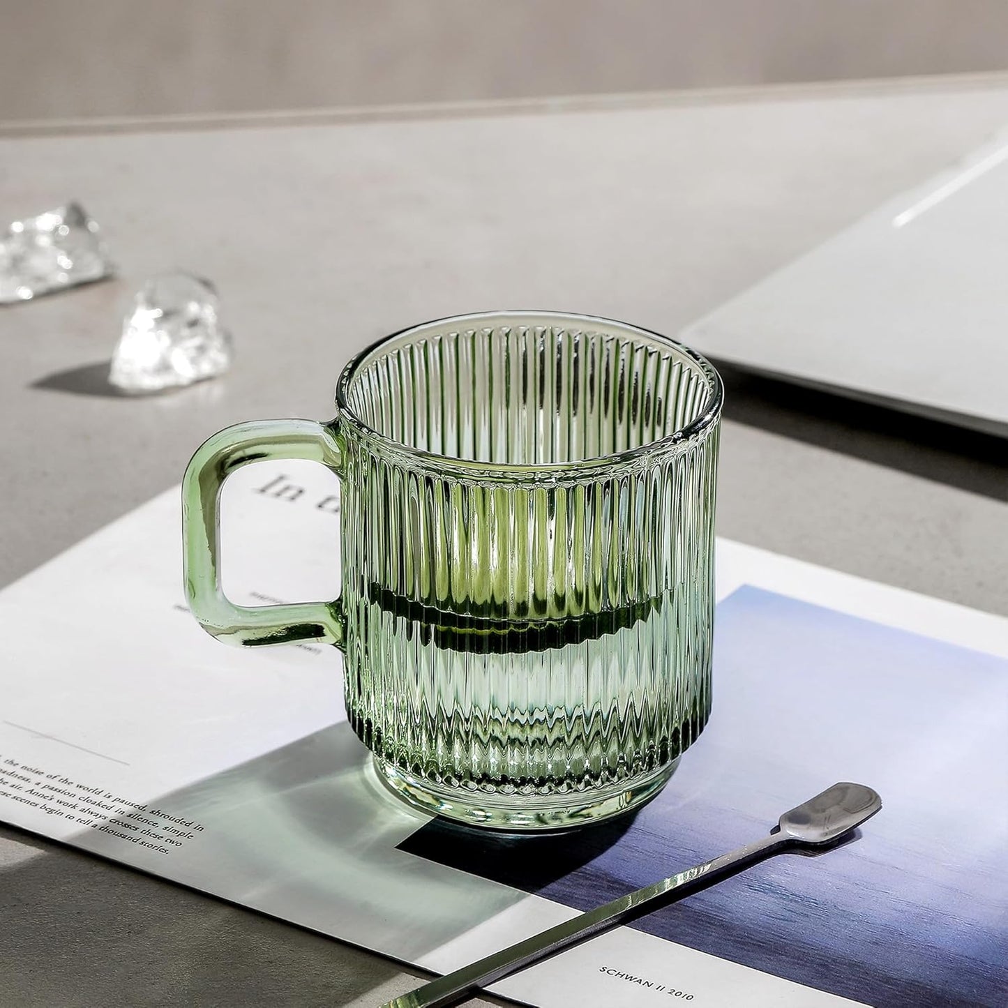 Lysenn Glass Coffee Mug with Lid - Premium Classical Vertical Stripes Glass Tea Cup - for Latte, Tea, Chocolate, Juice, Water - Lead-Free - Bamboo Lid - Lime Green | Classic Ribbed Design, Shining Glass for Coffee and Tea Lovers, Espresso, Lattes, Breakfa