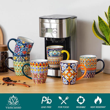vancasso SIMI 16 oz Large Coffee Mugs Set of 6, Ceramic Cups with Handle | Bohemian Mug, Ideal for Coffee, Latte, Tea, Cappuccino and Hot Chocolate, Dishwasher Microwave Safe for Daily Use Gift Set