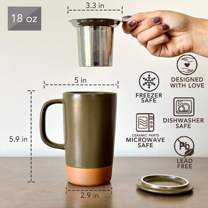 Mora Ceramics Large Tea Mug with Loose Leaf Infuser and Ceramic Lid, 18 oz, Portable, Microwave and Dishwasher Safe, Tall Coffee Cup - Rustic Matte Ceramic Glaze, Modern Herbal Tea Strainer, Olive