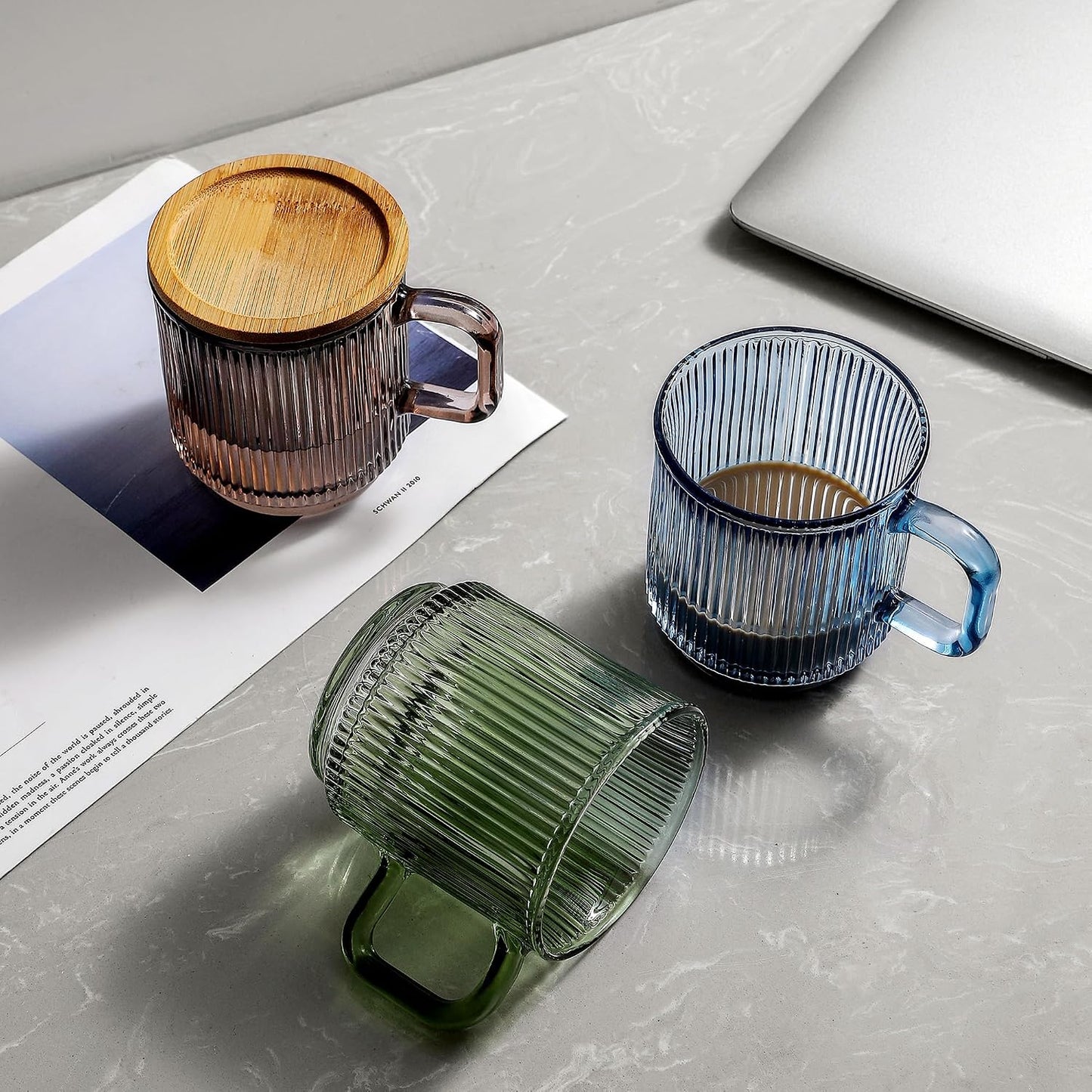 Lysenn Glass Coffee Mug with Lid - Premium Classical Vertical Stripes Glass Tea Cup - for Latte, Tea, Chocolate, Juice, Water - Lead-Free - Bamboo Lid - Lime Green | Classic Ribbed Design, Shining Glass for Coffee and Tea Lovers, Espresso, Lattes, Breakfa