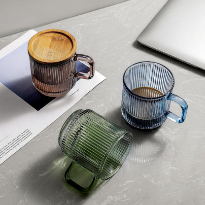 Lysenn Glass Coffee Mug with Lid - Premium Classical Vertical Stripes Glass Tea Cup - for Latte, Tea, Chocolate, Juice, Water - Lead-Free - Bamboo Lid - Lime Green | Classic Ribbed Design, Shining Glass for Coffee and Tea Lovers, Espresso, Lattes, Breakfa