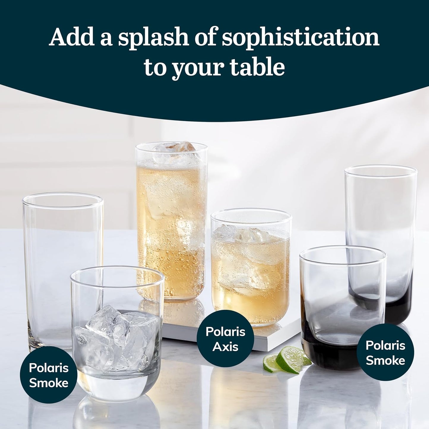 Polaris Axis Tumbler & Rocks Drinking Glasses Set of 16, Glass Cups | 17.75 oz and 15 oz Capacities for Water, Juice, Cocktails, and More with Dishwasher-Safe Convenience for Easy Cleanup