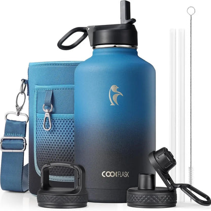 Coolflask 32/40/64/87/128oz Portable Insulated Water Bottle with Straw & 3 Lids, Stainless Steel Flask for Outdoor or Office, Travel Bottled Drinkware