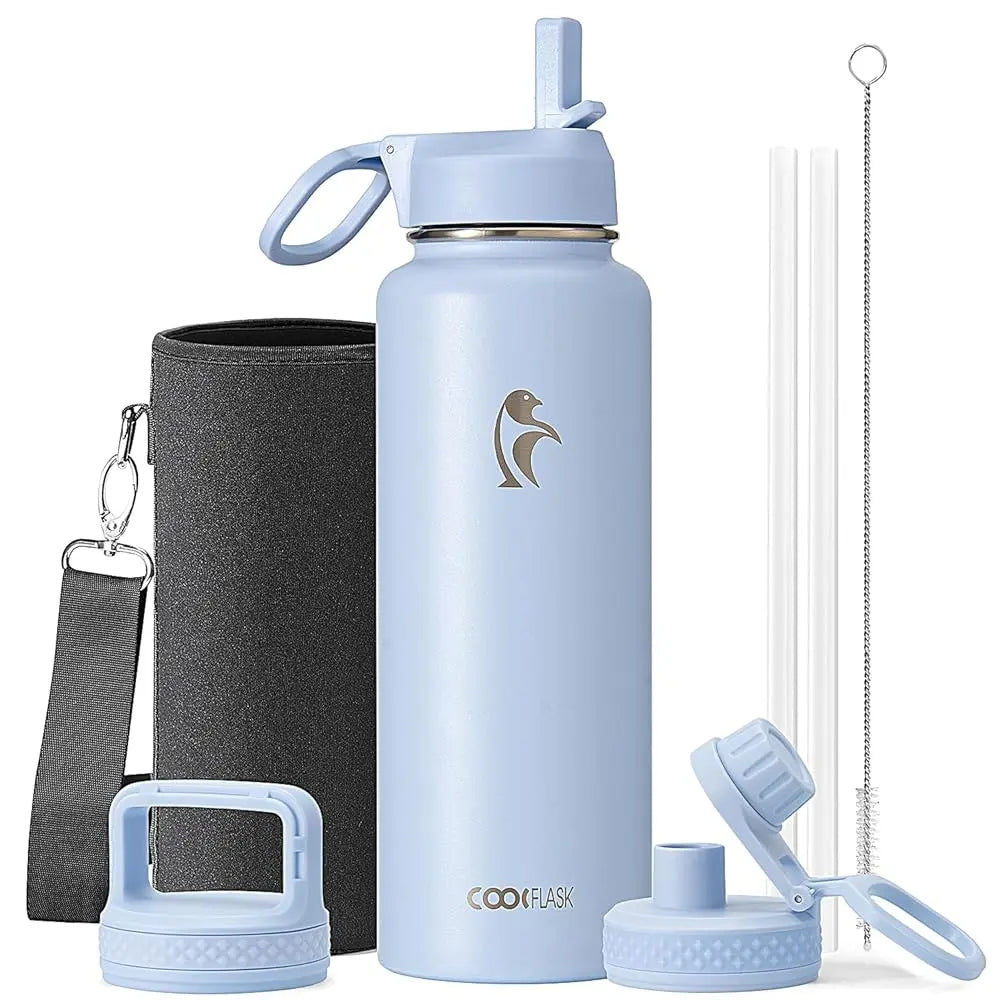 Coolflask 32/40/64/87/128oz Portable Insulated Water Bottle with Straw & 3 Lids, Stainless Steel Flask for Outdoor or Office, Travel Bottled Drinkware
