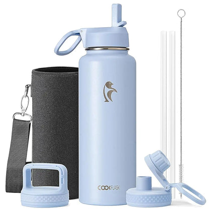 Coolflask 32/40/64/87/128oz Portable Insulated Water Bottle with Straw & 3 Lids, Stainless Steel Flask for Outdoor or Office, Travel Bottled Drinkware