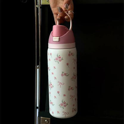 Floral Pattern Vacuum Flask, 1 Count Portable Large-Capacity Water Bottle with Straw, Leakproof Insulated Tumbler, Drinking Cup for Home, Office, School & Outdoor Camping, Drinkware #GLOBAL PICKS