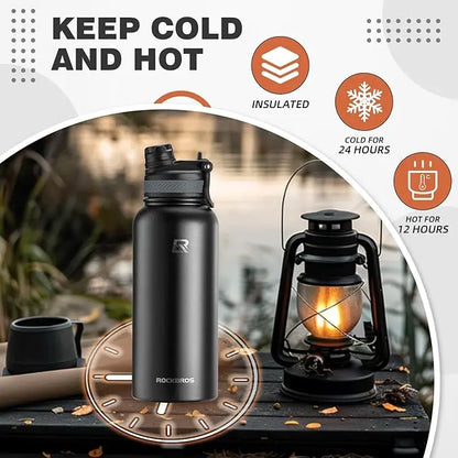ROCKBROS Insulated Stainless Steel Tumbler with Straw Lid, Portable Leak-Proof Drink Flask with Handle, Insulation for Hiking, Cycling
