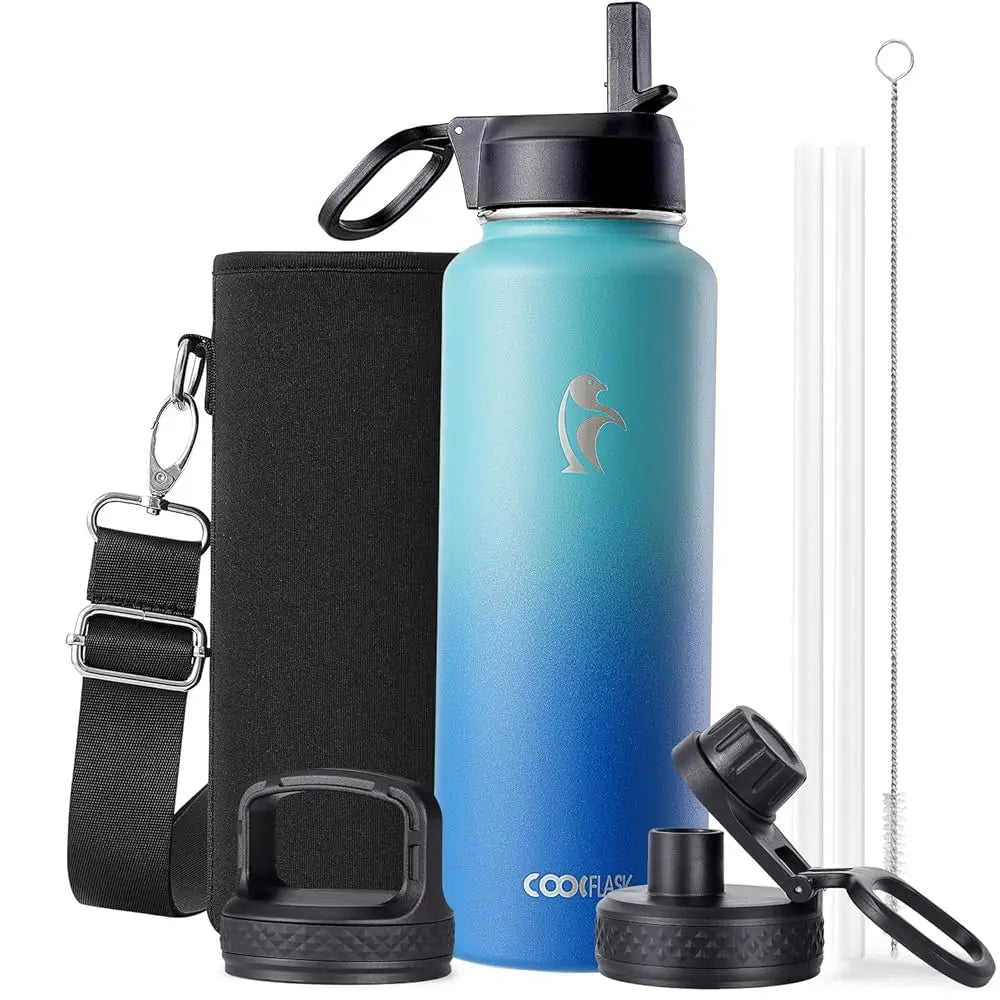 Coolflask 32/40/64/87/128oz Portable Insulated Water Bottle with Straw & 3 Lids, Stainless Steel Flask for Outdoor or Office, Travel Bottled Drinkware