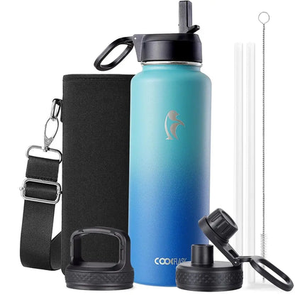 Coolflask 32/40/64/87/128oz Portable Insulated Water Bottle with Straw & 3 Lids, Stainless Steel Flask for Outdoor or Office, Travel Bottled Drinkware