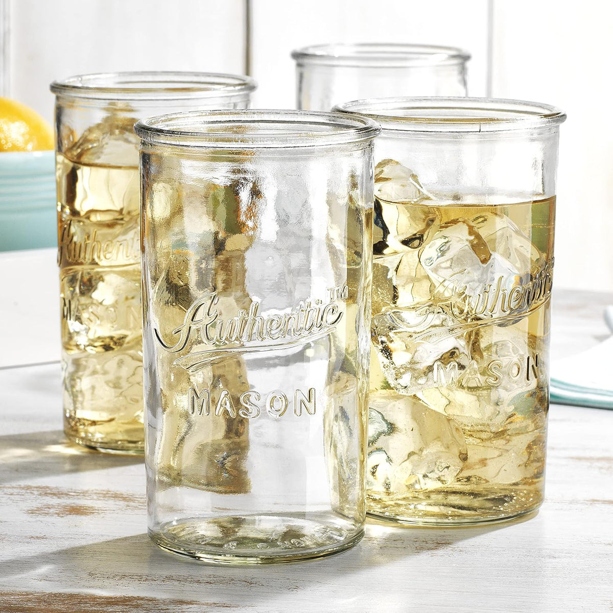 Glaver's Drinking Glasses – Set of 4 Authentic Mason Vintage Glassware – Clear Glass Tumblers for Cocktails, Water, Juice – Embossed Vintage Drinking Glasses