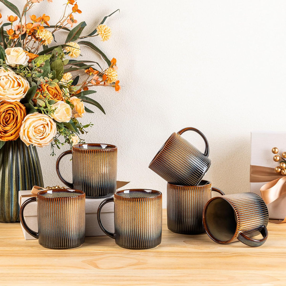 theterra Ceramic Coffee Mugs Set of 6, 14.2 oz Coffee Cups with Handle | Handmade, Suitable for Latte, Tea, Milk, Beer & Hot Cocoa, Cocoa Mocha